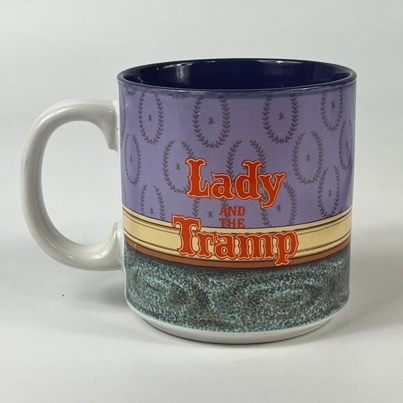 Walt Disney Lady & The Tramp Coffee Tea Mug Cup 12oz Vtg Purple 1990s Penguins - Picture 1 of 9